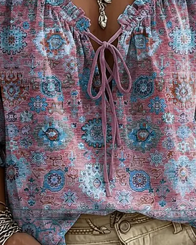Bluse V-Hals Knyting Vintage Trykk