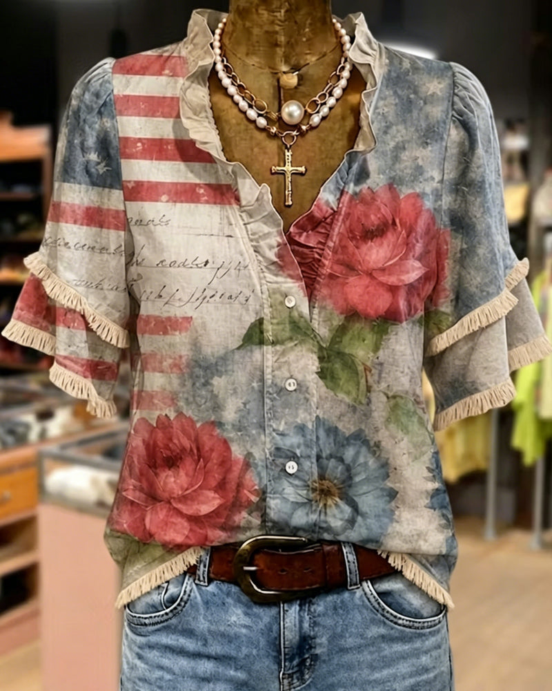 Blomstret Bluse Med Volangkant