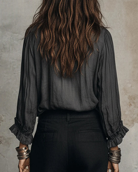Bluse Lang Erme Dyp V-Hals Rynket
