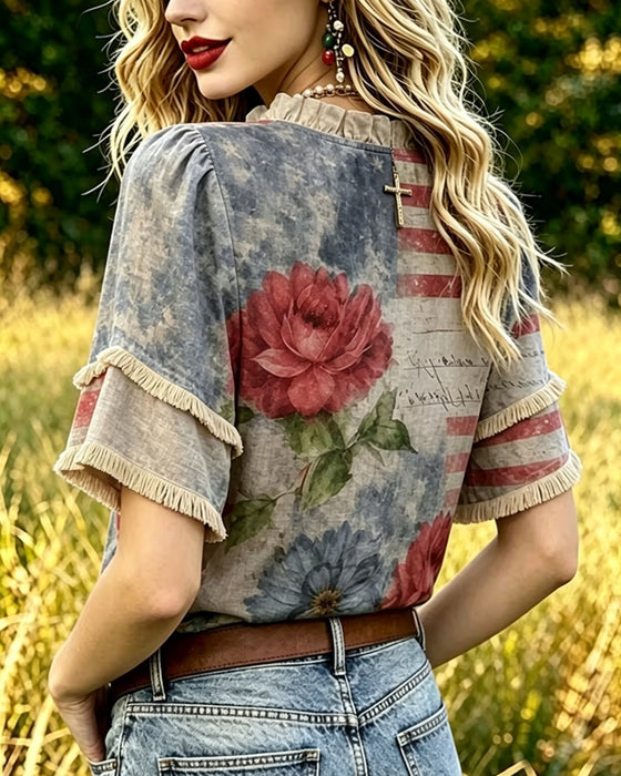 Blomstret Bluse Med Volangkant