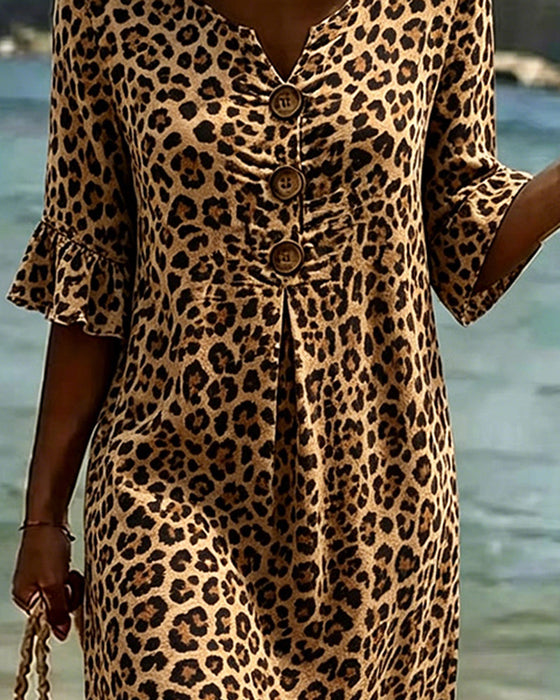 Kjole Leopardtrykk V-Hals Rysj