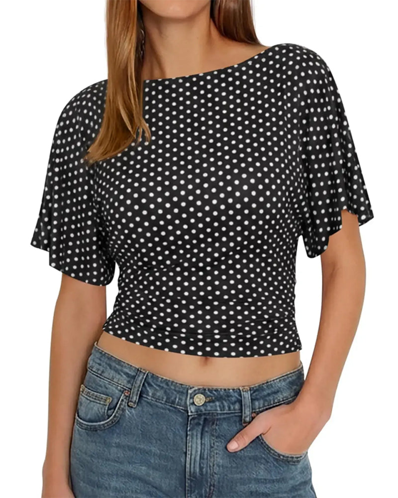 T-Shirt Prikket Midjekniping Rund Hals Kort Erme