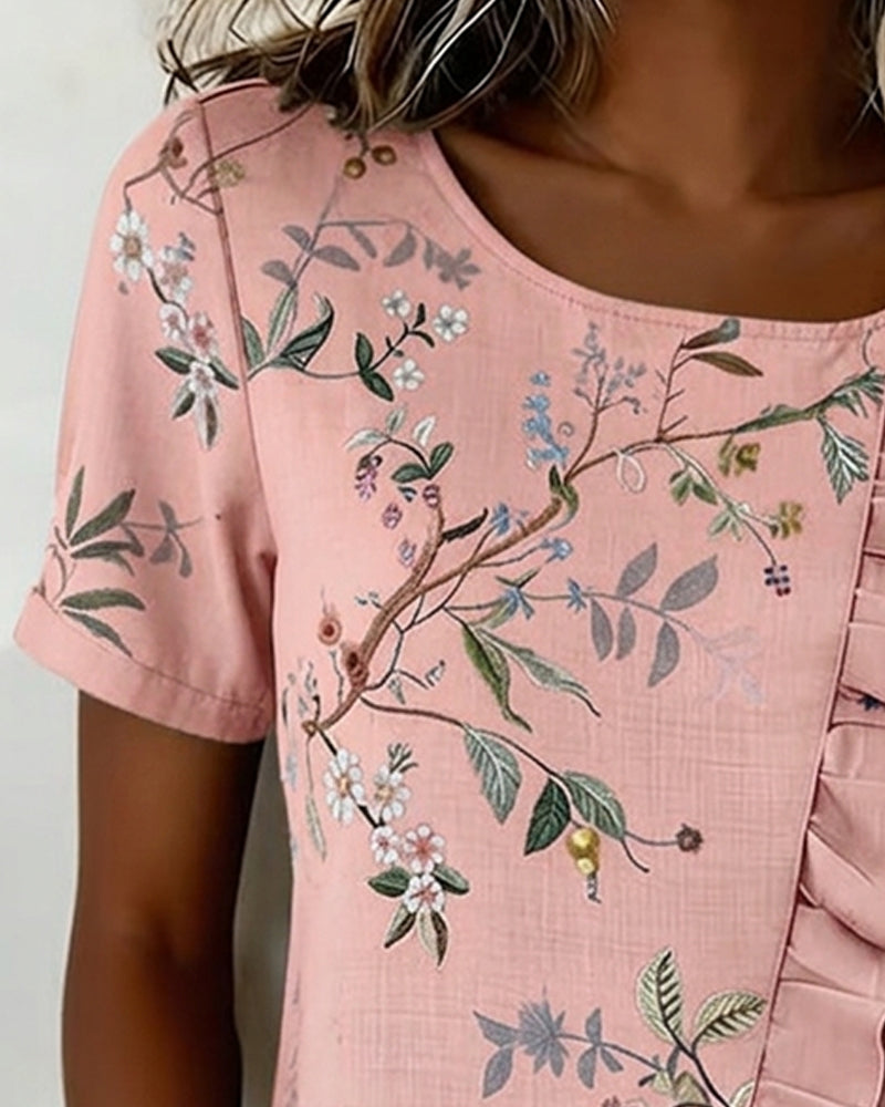 Bluse Rundhalset Kortsermet Rysje Blomstret