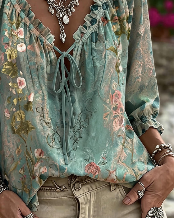 Bluse Blomstrende Trykk Dragsnor Tre Kvarter Erme