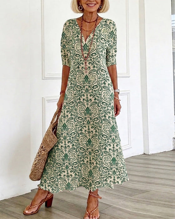 Kjole Vintage Blomstermønster V-Hals Maxi