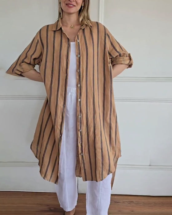 Kjole Uformell Nedbrettet Krave Knapp Foran Stripet