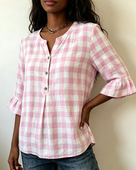 Bluse V-Hals Knapp Foran Rutete Ruffle