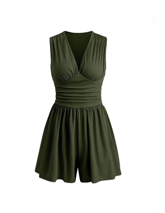 Jumpsuit Med V-Hals, Plissert Midje Og Snøring