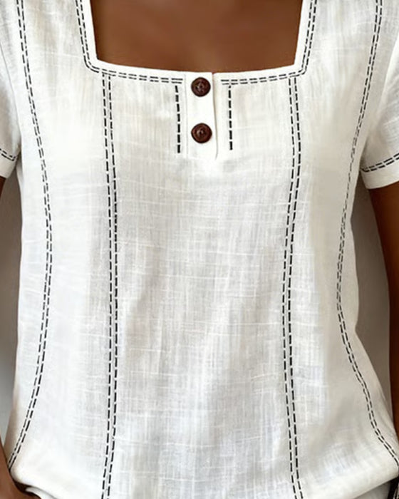 Bluse Liten Firkantet Hals Solid Knapp