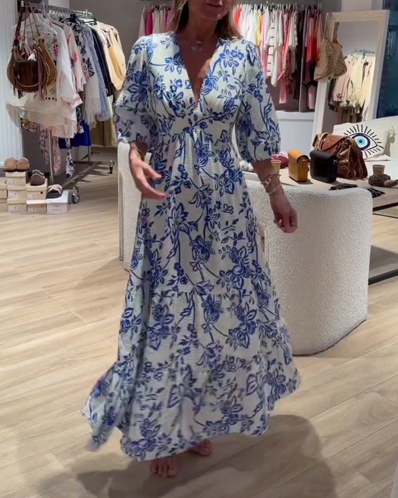 Kjole Dyp V-Hals Elegant Blomstret Lang