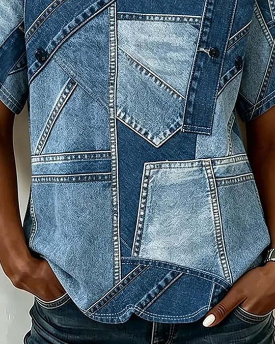 T-Skjorte Denim Lappeteppe Trykk Designer