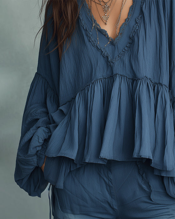 Bluse Bohemisk-Stil Vindermet V-Hals