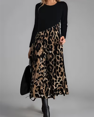 Kjole Rundhalset Leopard Full Skjørt