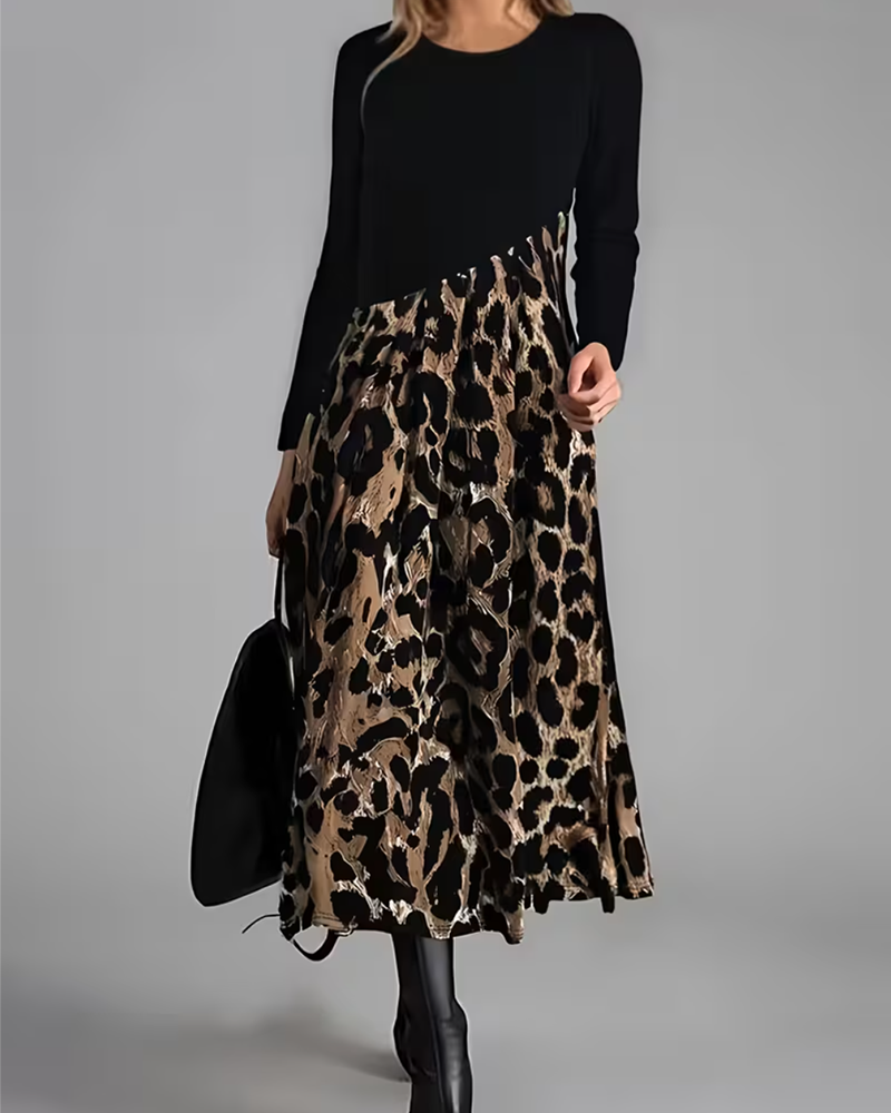Kjole Rundhalset Leopard Full Skjørt