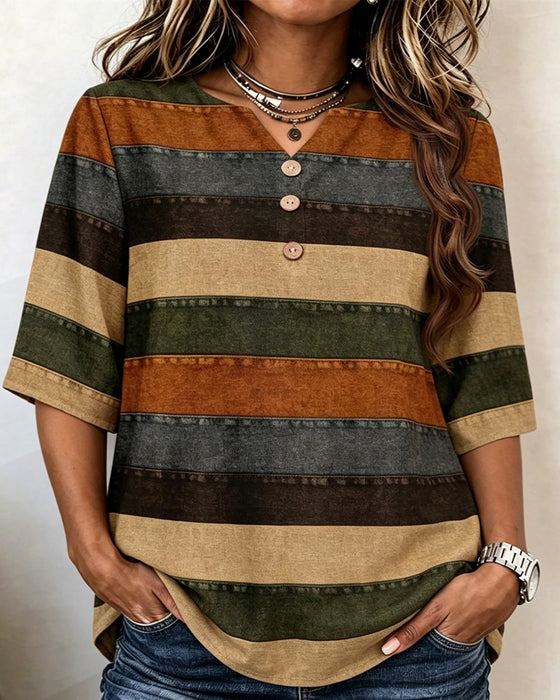 T-Skjorte Knapp Patchwork Horisontal Stripe