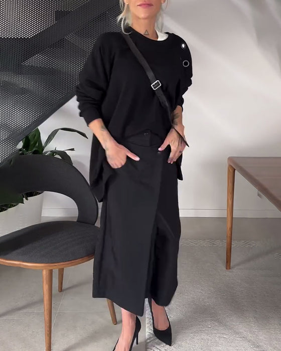 Ensfarget casual genser med rund hals og splitt