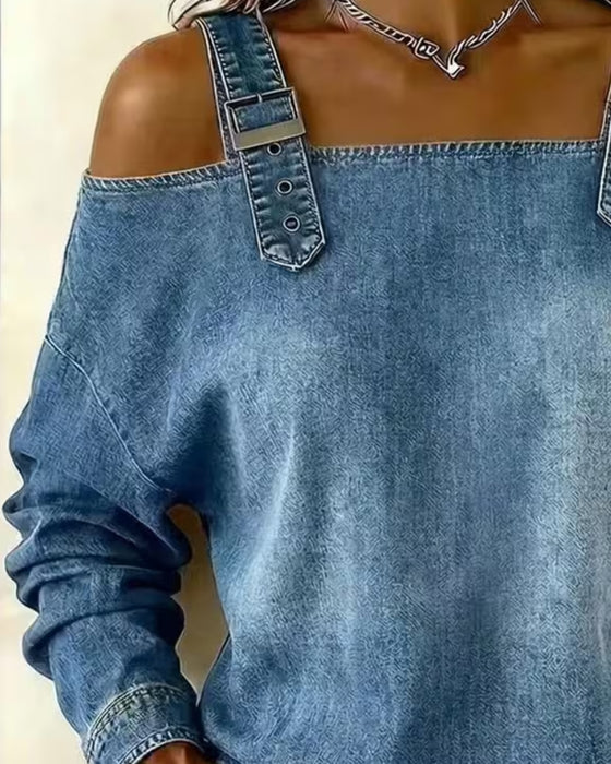 Bluse Spagettistrap Off-Shoulder Denim Metall Knapp