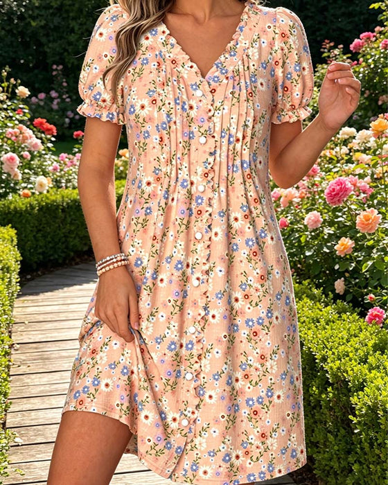 Kjole Blomstret V-Hals Boble Erme Rynket