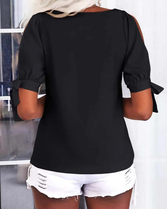 Bluse V-Hals Cold Shoulder Sløyfe Ensfarget