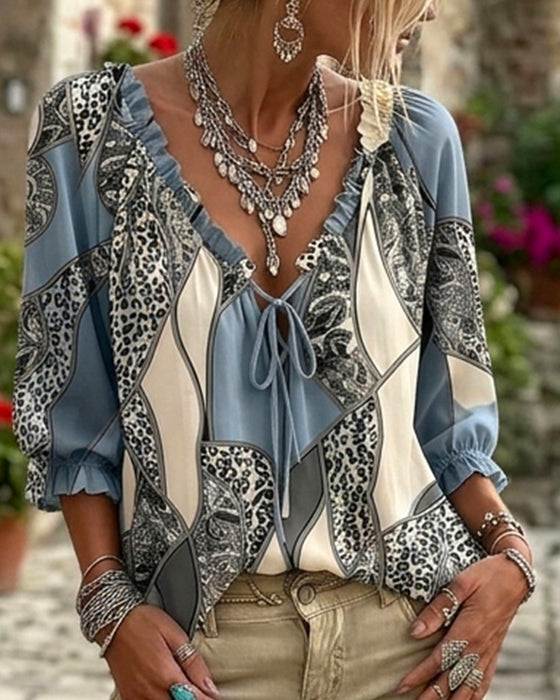 Bluse V-Hals Leopard Puffererme Knyte