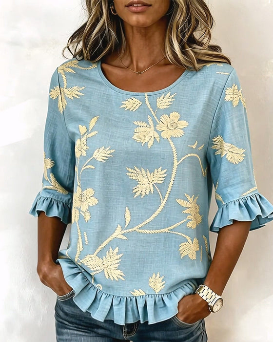 Bluse Jasmin Rysje Rund Hals Halvlang Erme