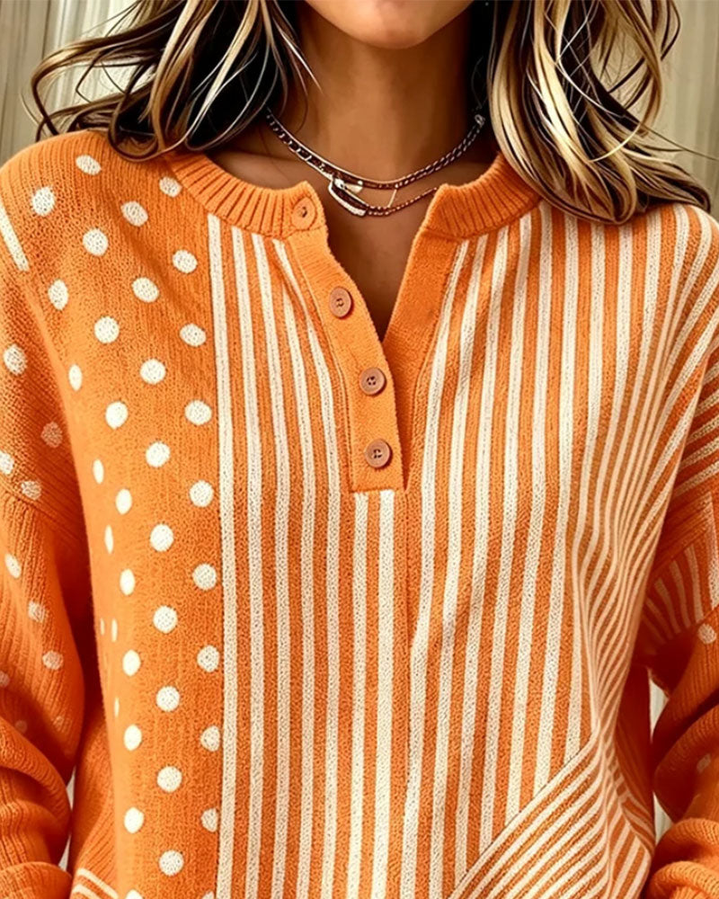 Pullover Knapp Foran Stripe Prikket Drop Skulder Strikket