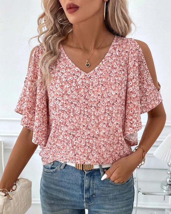 Bluse V-Hals Blomstrende Off-Shoulder Flutter Erme