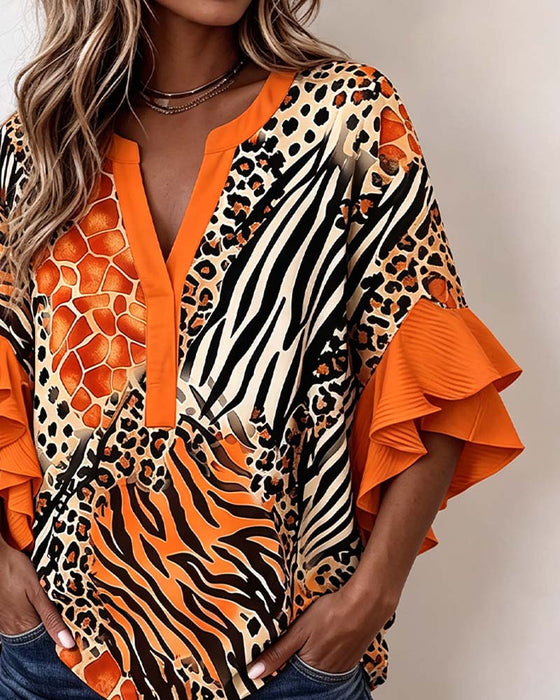 Bluse Sebra Leopard Trykk Ruffle Erme