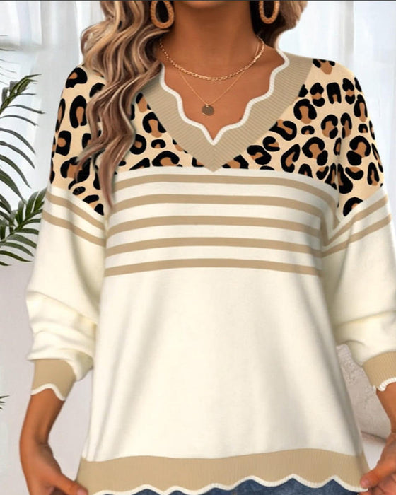Genser V-Hals Leopardprint Kontrast