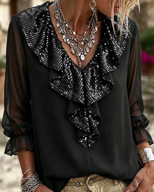 Bluse Stilig V-Hals Blondekant Sheer