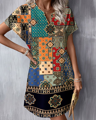 Kjole Etnisk Fargeblokk Kort Erm