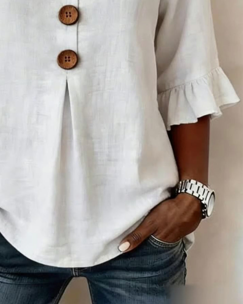 Bluser Ensfarget Bomull-Lin Treknapper Rysjer