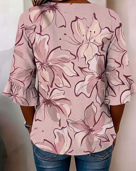 Bluse V-Utringning Blomstret Rysje 3/4-Erm