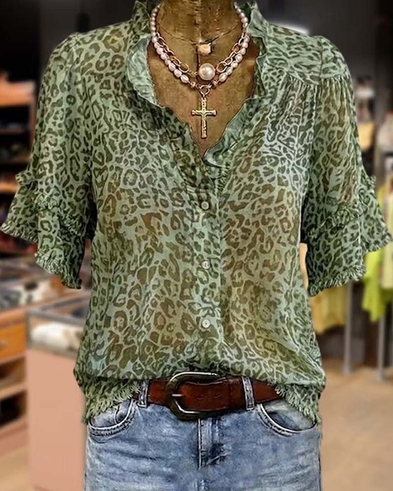 Bluse Grøntones Leopard Trykk Ruffle