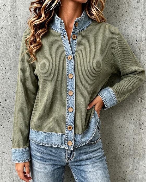 Frakk Avslappet Denim Panel Strikket