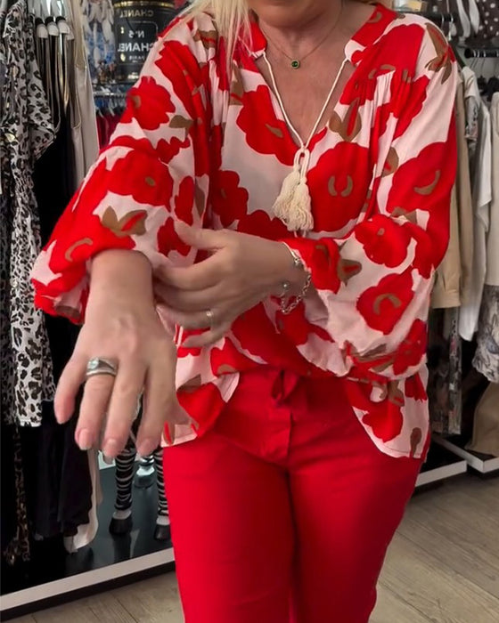 Bluse Stor Blomstret Knyting V-Hals