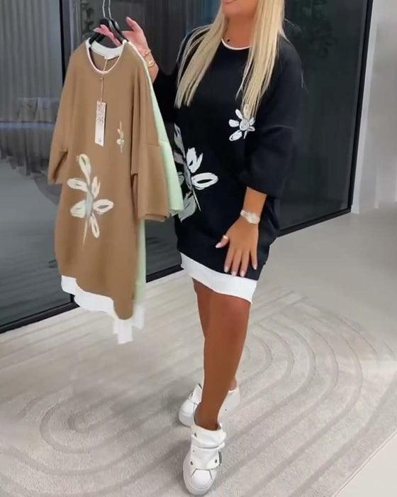 Sweatshirtkjole Rund Hals Trykt Lappeteknikk