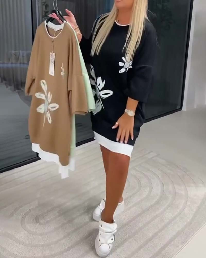 Sweatshirtkjole Rund Hals Trykt Lappeteknikk