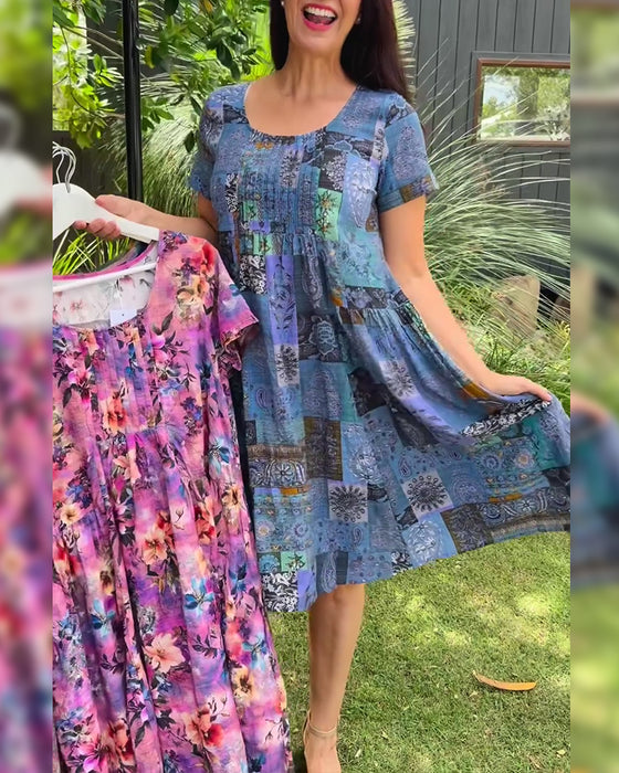 Kjole Rund Hals Plissert Trykt A-Linje