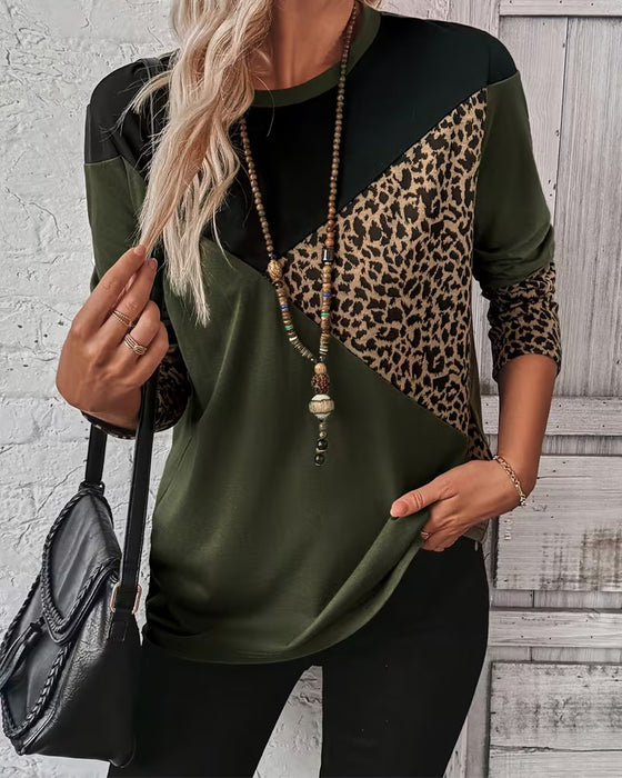 Topp Rund Hals Leopardprint Fargeblokkert