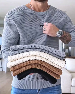 Pullover Herre Rund Hals Vaffel Langermet