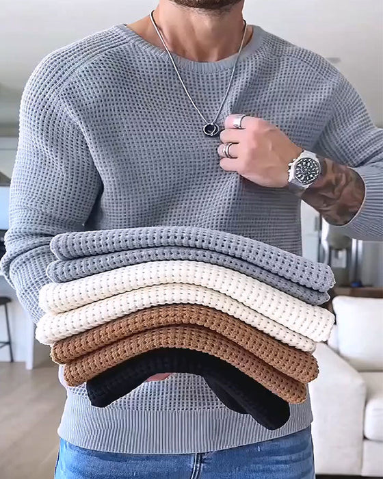 Pullover Herre Rund Hals Vaffel Langermet