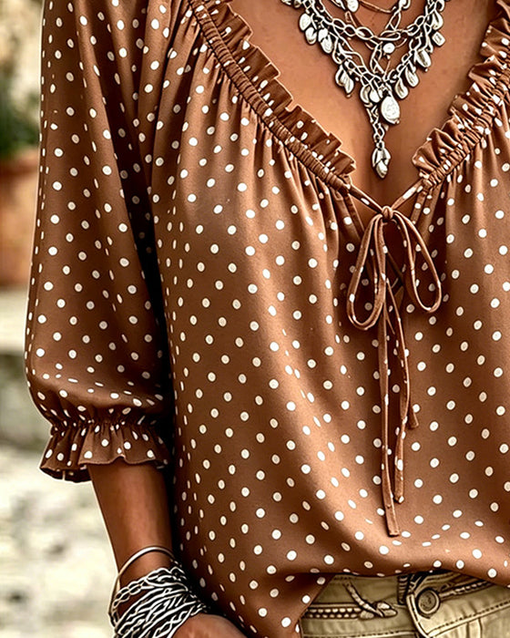 Bluse V-Hals Ruffle Polka Dot Knyting