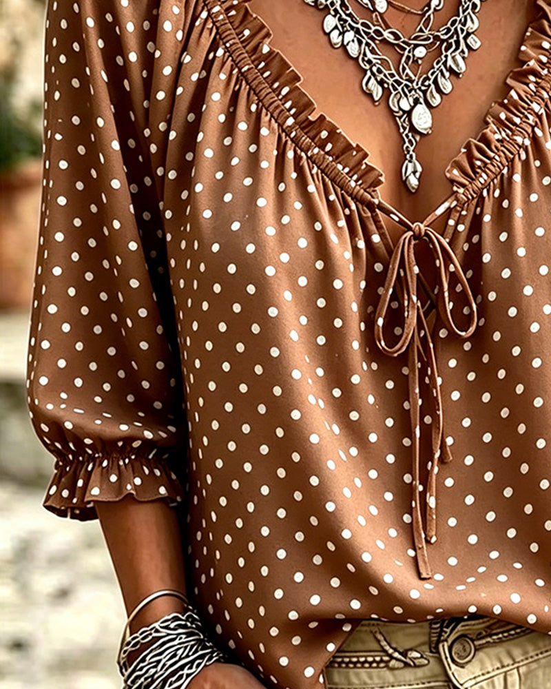 Bluse V-Hals Ruffle Polka Dot Knyting