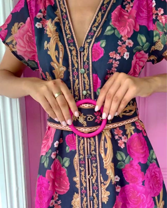 Kjole V-Hals Rose Trykk