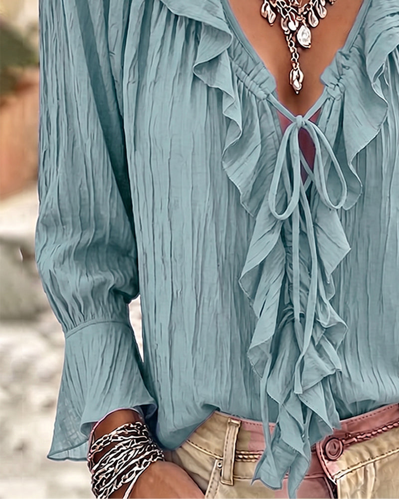 Bluse Ruffle Trim Knyting Lang Erme