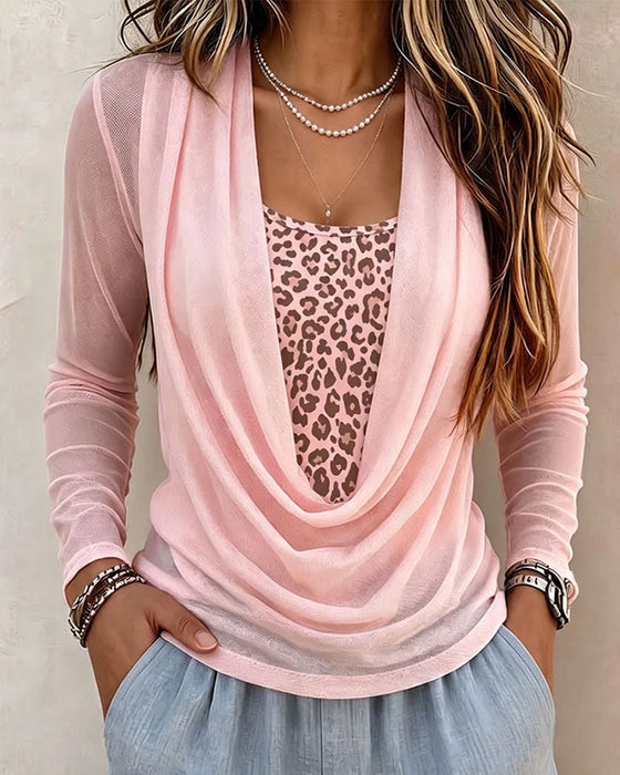Bluse Høyhals Leopardtrykk Langermet