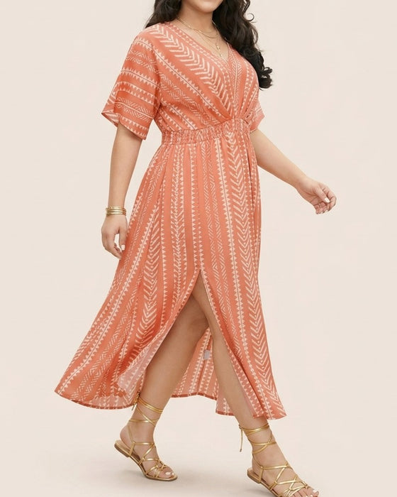 Kjole Dyp V Blå Hvit Geometrisk Stripe Midje