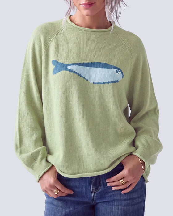 Pullover Rund Hals Fisk Trykk Drop Skulder