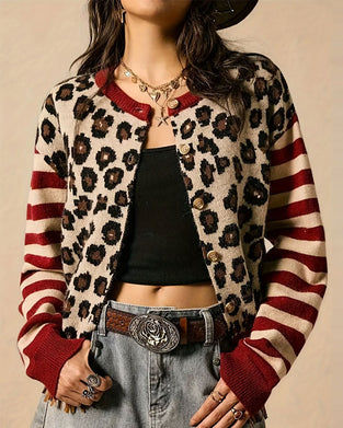 Cardigan Leopardstripe Fargeblokk Knapp
